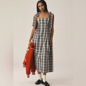 Anthropologie Maeve Square-Neck Tie-Strap Maxi Dress Size XL Plaid Black White